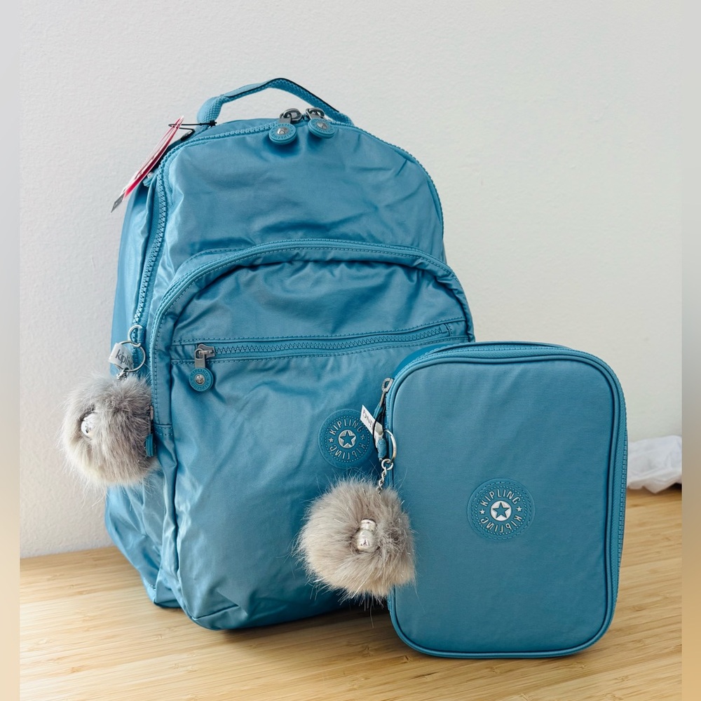 Kipling Metallic Seoul Large 15" Laptop Backpack & 100 Pencil Case Aqua Tide